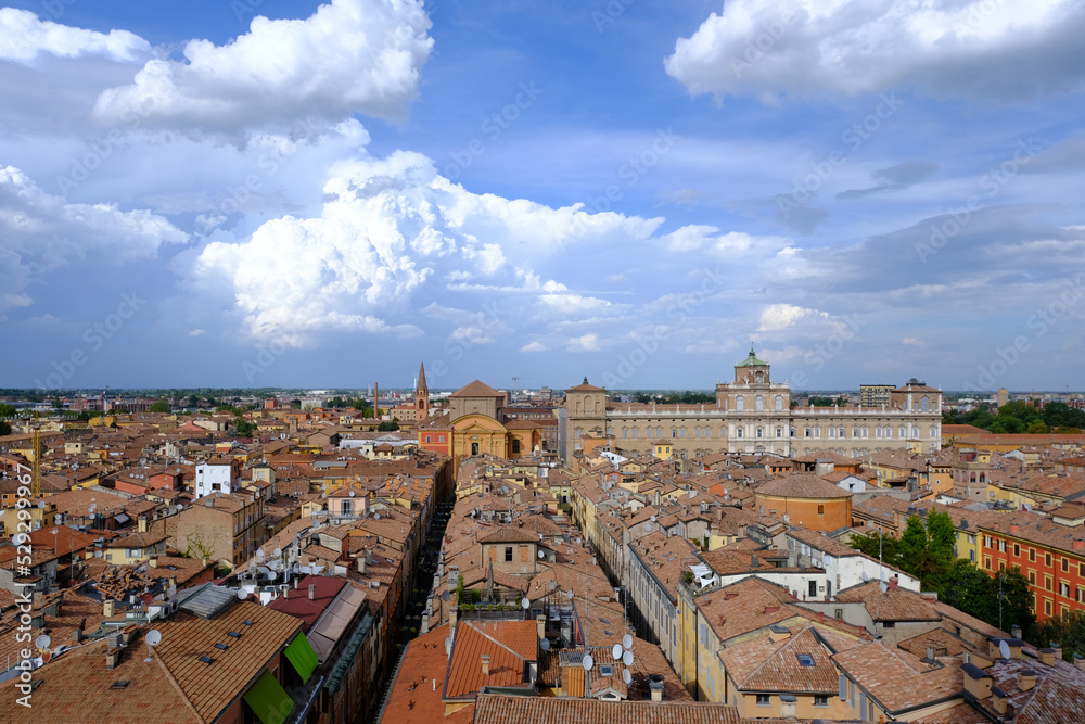 Panoramic view of the Palazzo Ducale in Modena during the bright sunny day against the clear blue sky. a Baroque palace in Modena, Emilia-Romagna Italy.

