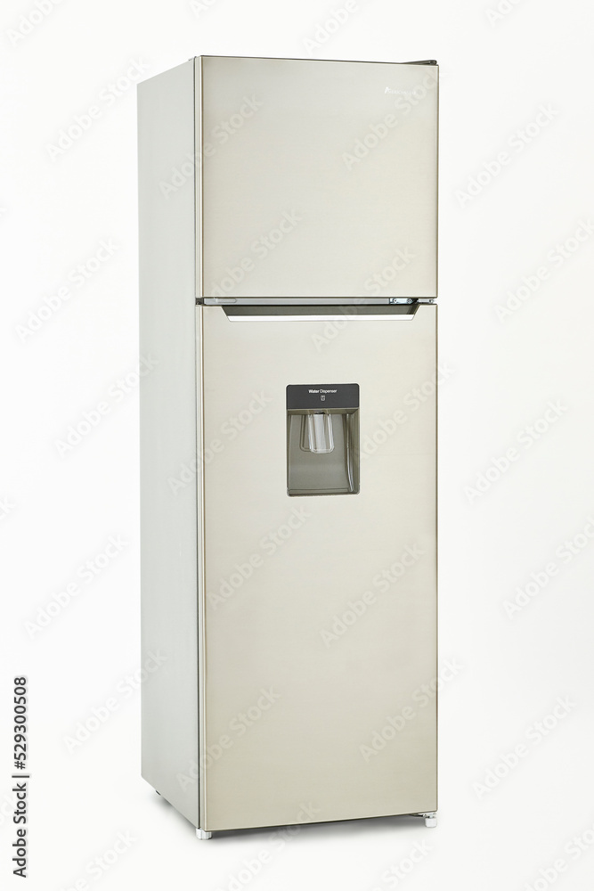 Front view of a silver refrigerator isolated on white background. Front view of a silver refrigerator isolated on white background.