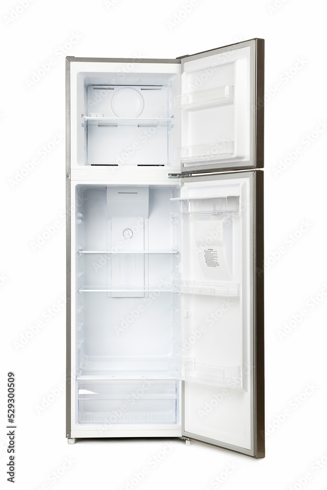 Brand new empty silver refrigerator with open door isolated on white background. Brand new empty silver refrigerator with open door isolated on white background.