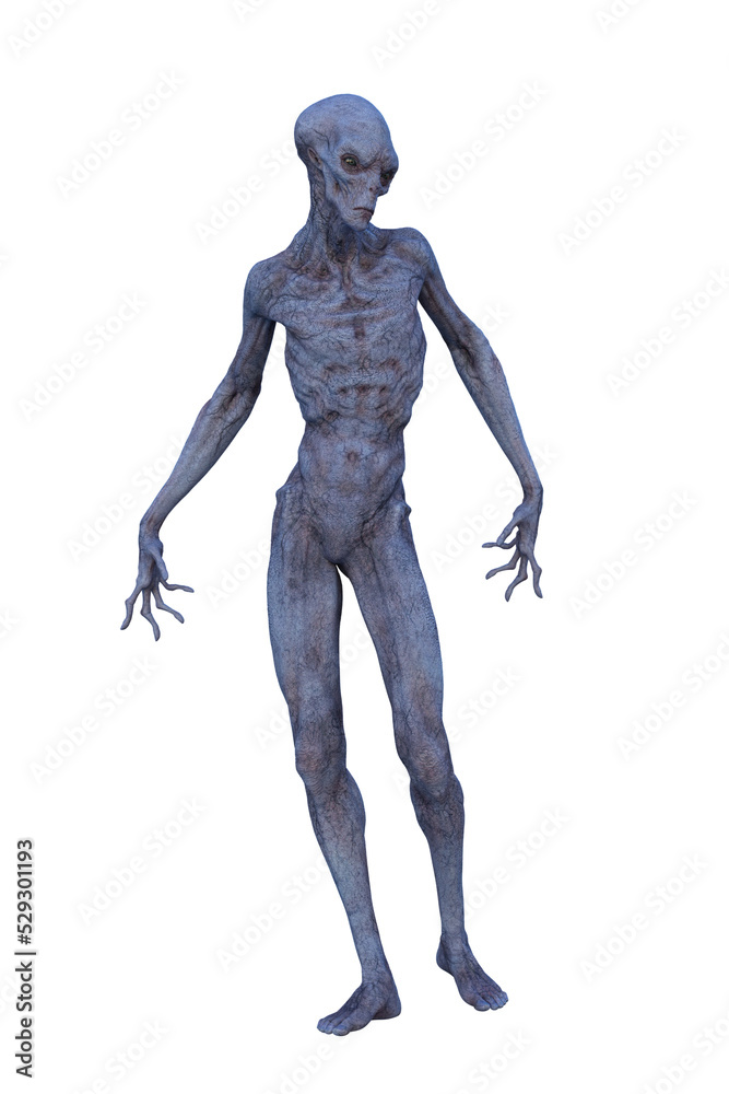 3D rendering of a tall skinny blue grey alien man isolated.