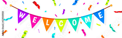 Welcome rainbow ribbon flag serpentine holiday banner flat. Holiday decoration paper fabric garland string sign decor colorful bright screen saver profile advertising store opening invitation event