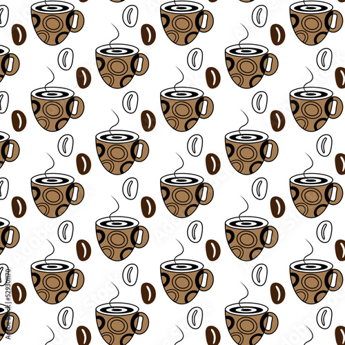 Pattern with Coffee Beans and Abstract Stylized coffee cup on a transparent background. Line Art © Nataliya