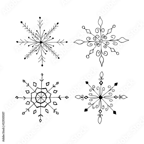 Set of doodle Christmas snowflake isolated on white. Vector illustration.