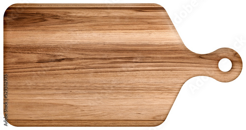 Cherry wood cutting board, handmade wood cutting board. Isolated element. Wooden plank as a kitchen utensil for preparing food. photo