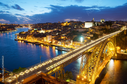 High angle view of illuminated Dom Luis I Bridge over Douro River
