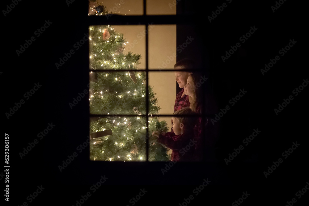 Smiling siblings standing by illuminated Christmas tree at home seen through window Smiling siblings standing by illuminated Christmas tree at home seen through window