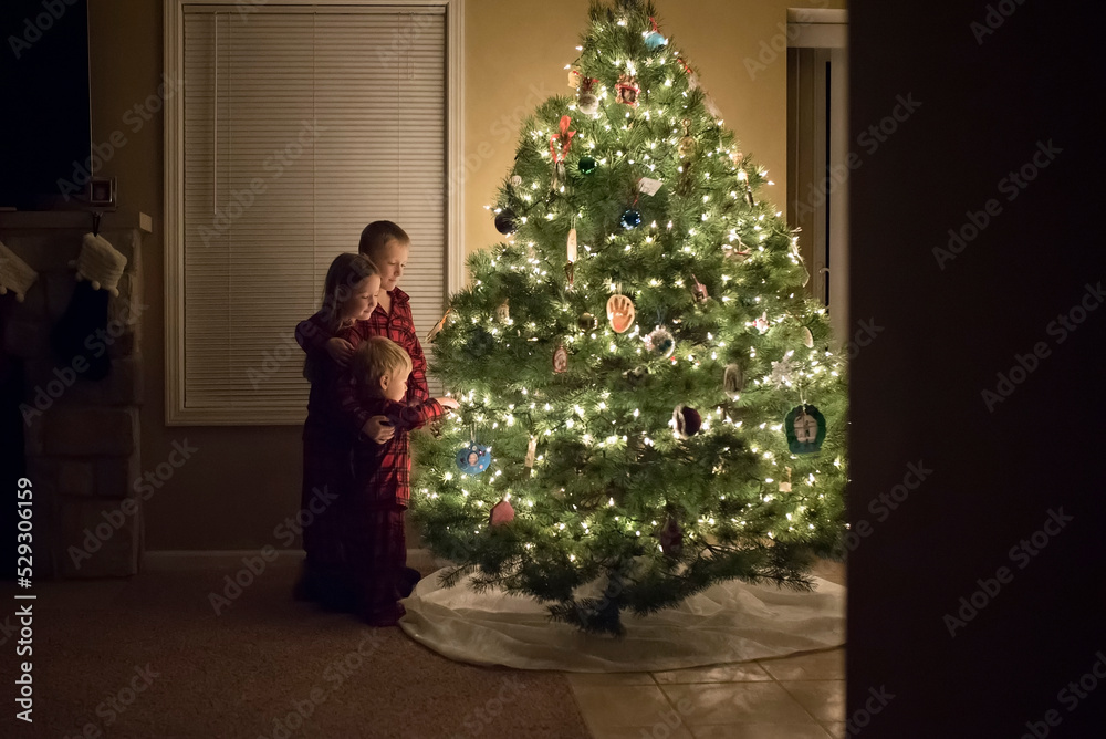 Siblings standing by illuminated Christmas tree at home seen through doorway Siblings standing by illuminated Christmas tree at home seen through doorway