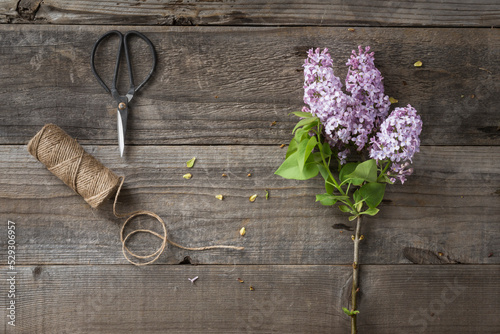 Overhead view of flowers with string and scissors on wooden table photo