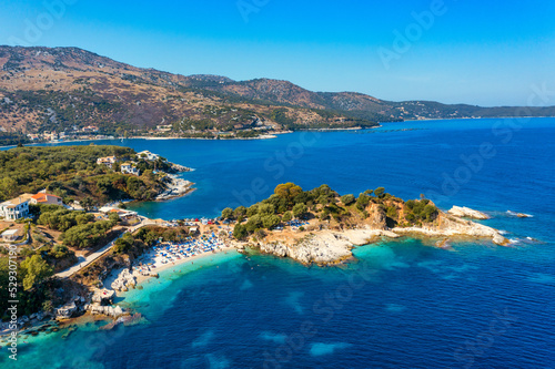 Aerial drone view north east coast with Kanoni, Mpataria and Pipitos beach, Island of Corfu, Greece. Mpataria, Kanoni and Pipitos beach at Corfu Greece during the day.