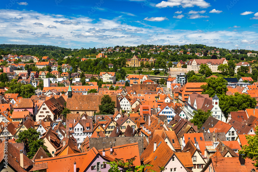 Picturesque town of Tuebingen with colourful half-timbered houses, crossed by the river Neckar. Houses at river Neckar and Hoelderlin tower, Tuebingen, Baden-Wuerttemberg, Germany. Tubingen, Germany.
