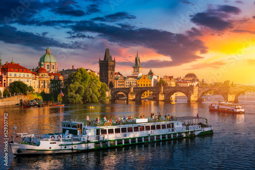Charles Bridge in Prague in Czechia. Prague  Czech Republic. Charles Bridge  Karluv Most  and Old Town Tower. Vltava River and Charles Bridge. Concept of world travel  sightseeing and tourism.