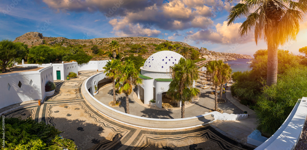 Fototapeta premium The beautiful buildings at Kalithea Springs constructed in the 1930s, Rhodes Island, Greece, Europe. Kallithea Therms, Kallithea Springs located at the bay of Kallithea on Rhodes island, Greece.