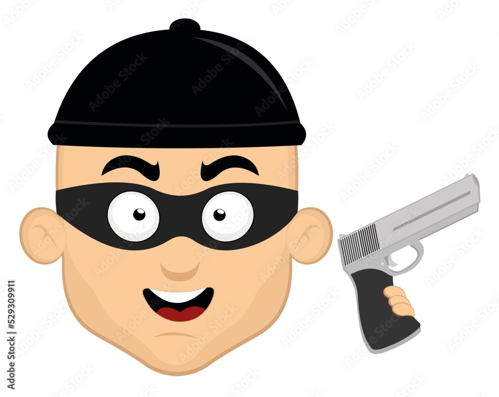 Vector emoji illustration of a man cartoon thief, with a cap, mask on his face and a gun in his hand	