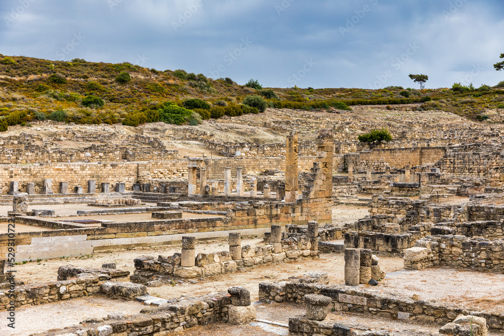 Ancient city of Kameiros on the Greek island of Rhodes in Dodekanisos archipelago. Ancient Kamiros, archaeological site. Archaeological site ancient Kamiros in Rhodes island at Greece.