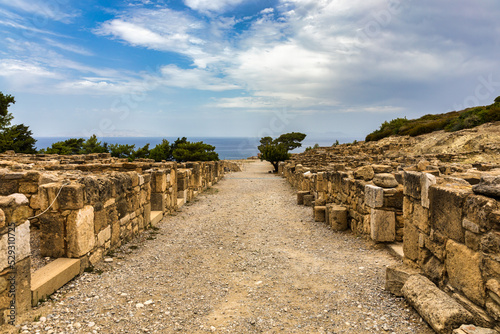 Ancient city of Kameiros on the Greek island of Rhodes in Dodekanisos archipelago. Ancient Kamiros, archaeological site. Archaeological site ancient Kamiros in Rhodes island at Greece.