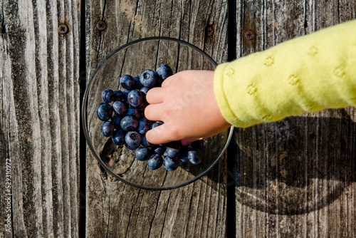 Cropped hand of girl picking blueberries from bowl on wooden table photo