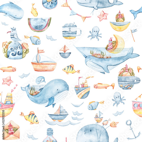 seamless pattern watercolor illustration with nautical and marine elements, cute whales, fish, sailboats, lighthouses, octopuses. repeating background for nursery decor, children's textiles, scrapbook
