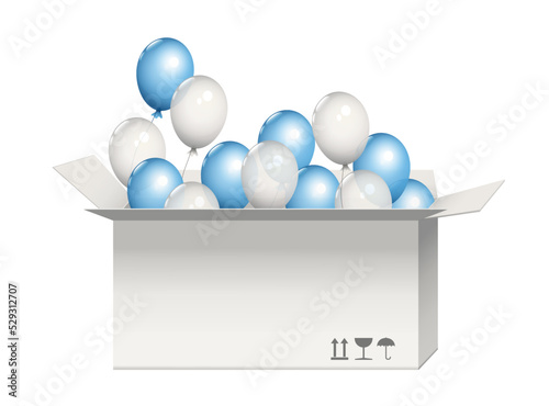 Gruppe mit fliegende, durchsichtige weiße und blaue Helium Luftballons aus dem Karton,
Vektor Illustration isoliert auf weißem Hintergrund