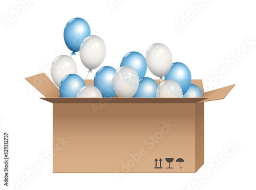 Gruppe mit fliegende, durchsichtige weiße und blaue Helium Luftballons aus dem Karton,
Vektor Illustration isoliert auf weißem Hintergrund