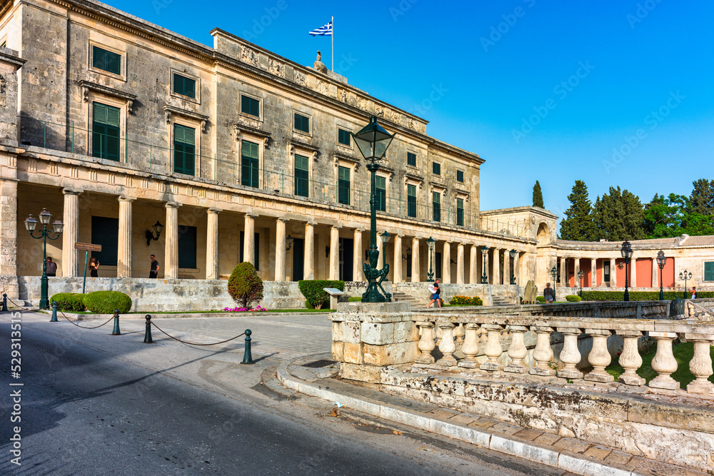 Museum of Asian Art. Colorful morning cityscape of Corfu Town, capital of the Greek island of Corfu, Greece, Europe. View of Asian Art museum and the Palace of St. Michael and St. George in Corfu.