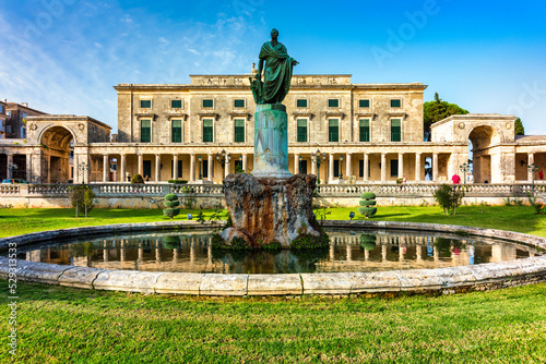 Museum of Asian Art. Colorful morning cityscape of Corfu Town, capital of the Greek island of Corfu, Greece, Europe. View of Asian Art museum and the Palace of St. Michael and St. George in Corfu. photo
