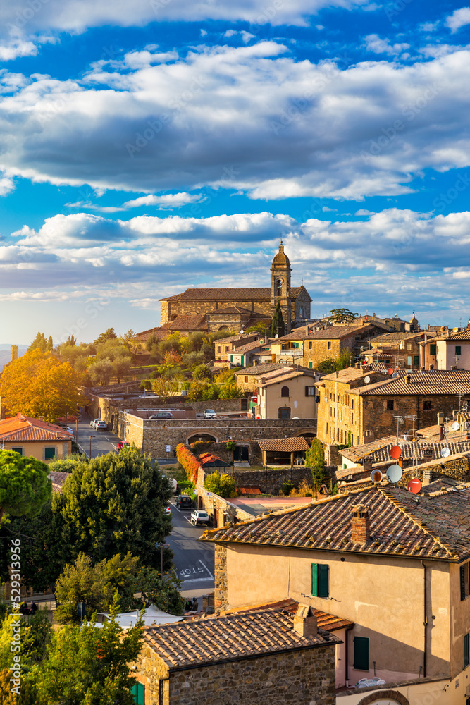 View of Montalcino town, Tuscany, Italy. Montalcino town takes its name from a variety of oak tree that once covered the terrain. View of the medieval Italian town of Montalcino. Tuscany