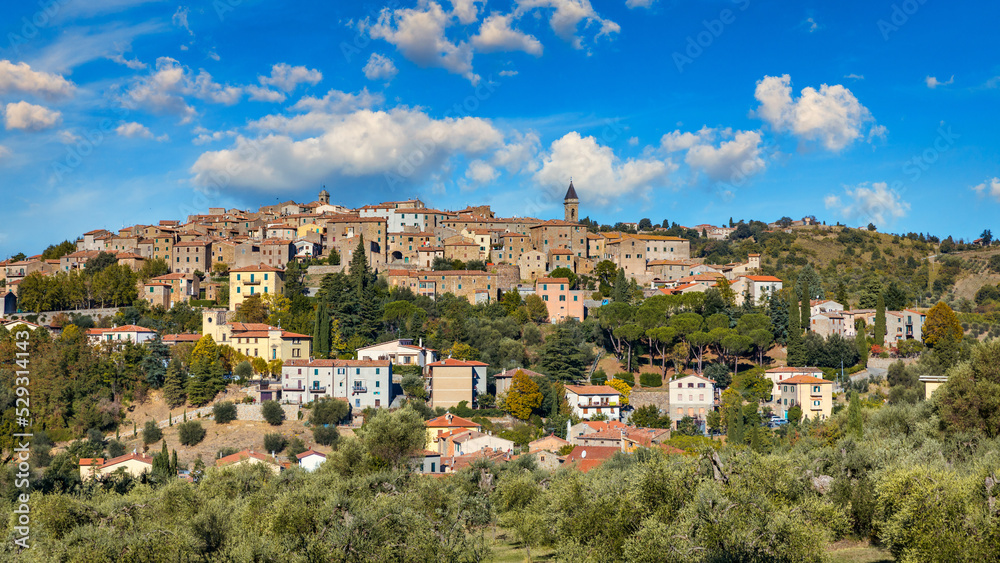 Panoramic view of Seggiano, in Tuscany. Seggiano is a small hilltop village located between the hills of Monte Amiata and the wonderful landscape of the Val d'Orcia, Seggiano, Tuscany, Italy.