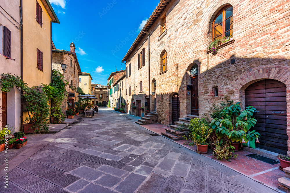 Cozy street decorated with colorful flowers, Pienza, Tuscany, Italy, Europe. Narrow street in the charming town of Pienza in Tuscany. Beautiful streets of the small and historic village Pienza, Italy