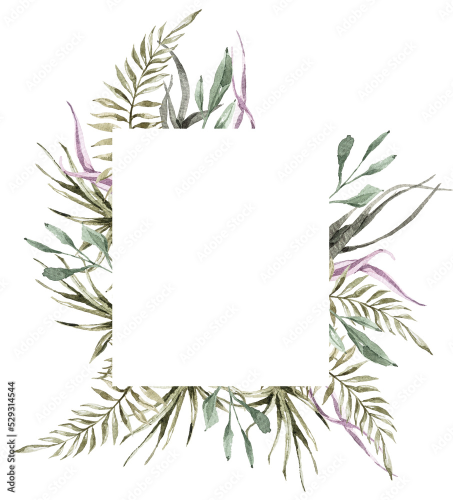 Watercolor tropical wedding frame clipart on isolated background. Can be used for wedding invitationd, srvp cards, menu, blog template, sublimation