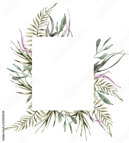 Watercolor tropical wedding frame clipart on isolated background. Can be used for wedding invitationd, srvp cards, menu, blog template, sublimation © Tiana_Geo