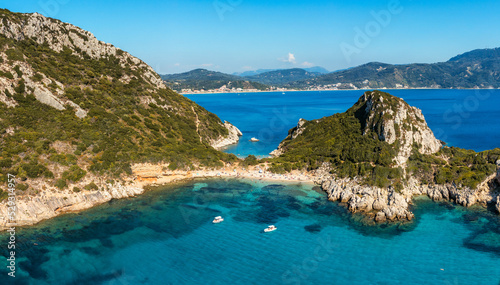 Fototapeta Naklejka Na Ścianę i Meble -  Porto Timoni is an amazing beautiful double beach in Corfu, Greece. Porto Timoni beach at Afionas is a paradise double beach with crystal clear azure water in Corfu, Ionian island, Greece, Europe