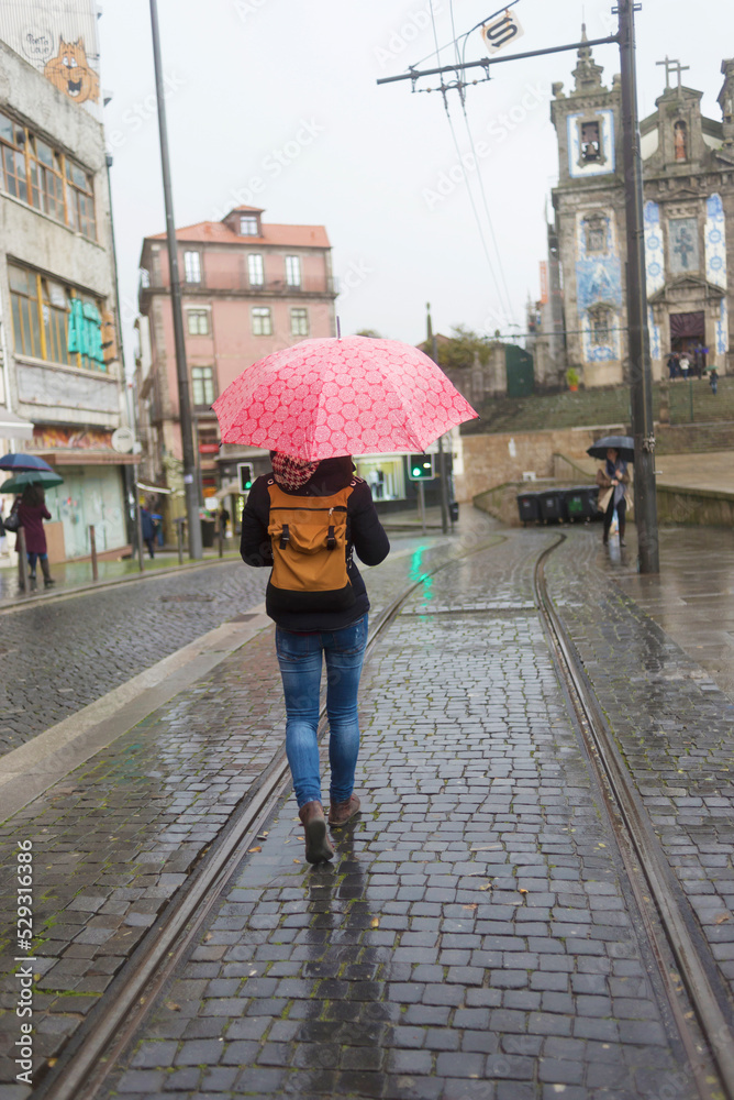 Rear view of female tourist with umbrella walking on wet street in city ...
