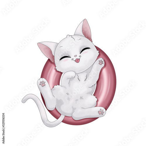 Biały kot leżący w różowym dmuchanym kole. Kotek gotowy do zabawy w basenie. Ręcznie rysowany uroczy mały kot na wakacjach. Letnia ilustracja.