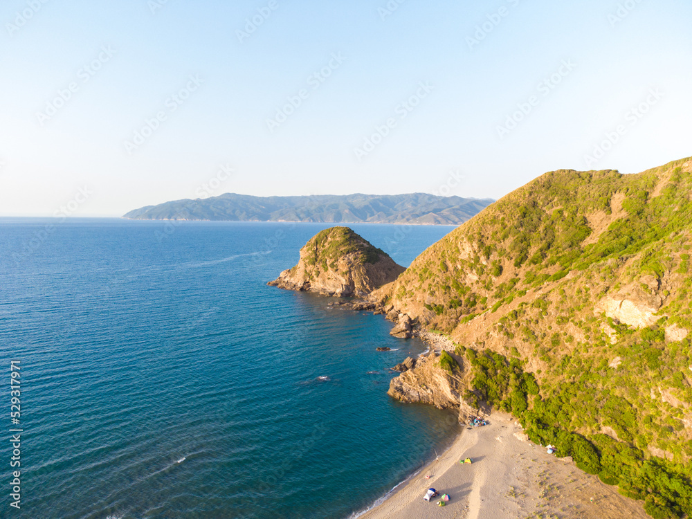 Sea Aerial view, Top view,amazing nature background. color of the water and beautifully bright.Azure beach with rocky mountains and clear water of mediterranean sea at sunny day.flying drone,sea view.