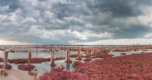 Storm clouds over the Kuyalnik Salty drying estuary in Odessa, Ukraine photo