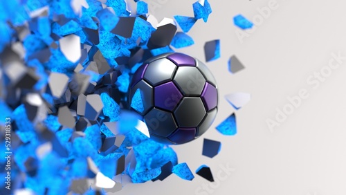 Silver-Purple Soccer ball breaking with great force through blue shiny silver wall under spot light background. 3D high quality rendering. 3D illustration. 3D CG.