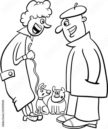 two cartoon dog owners chatting on a walk coloring page
