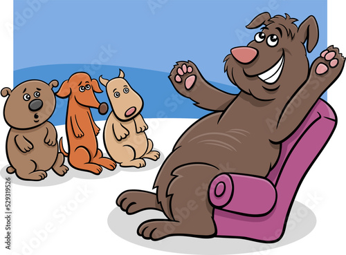 cartoon dog animal character telling a story to puppies