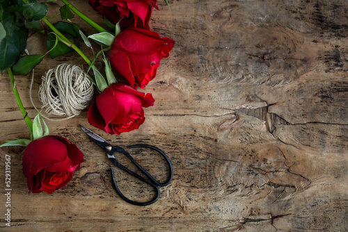 red roses with dark background. Flat lay photo