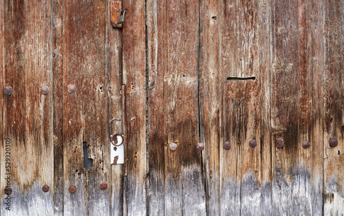 Green padlock on old brown wooden door