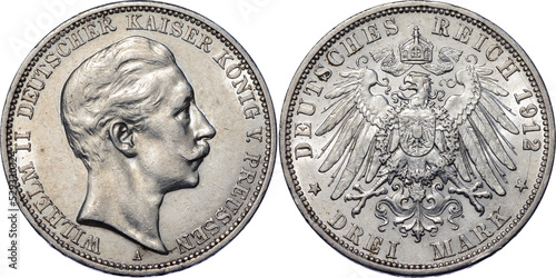 GERMANY PRUSSIA, Wilhelm II, 3 Mark 1912, aUNC photo