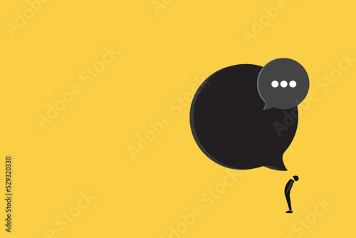Business man talk with Blank bubble talk or comment. Concept of career, promotion, communication, news, infographic. Copy space for ad