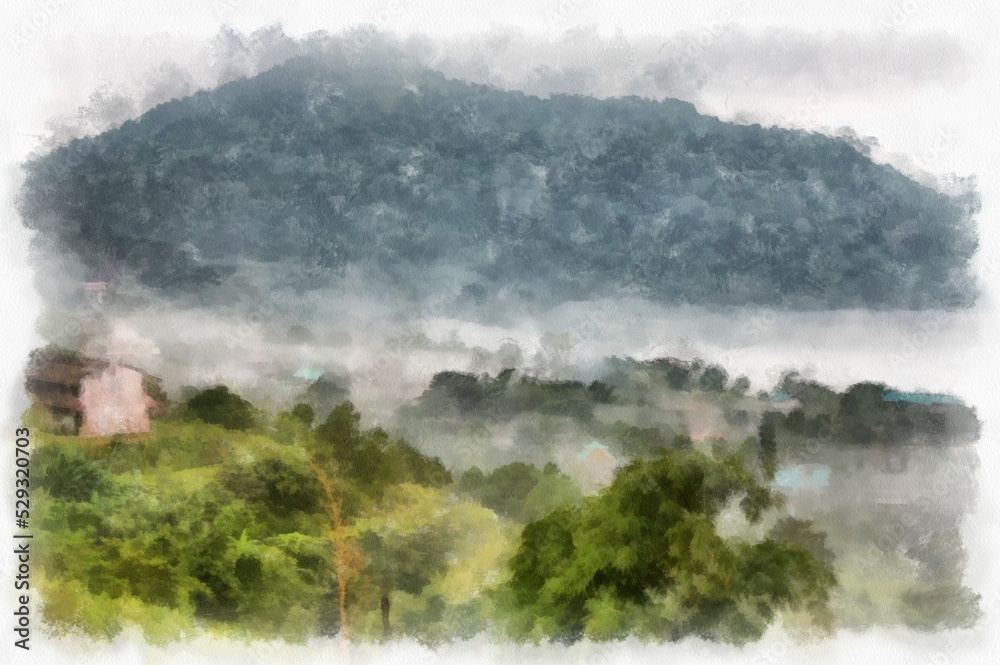 Obraz premium Mountain forest landscape and camping watercolor style illustration impressionist painting.