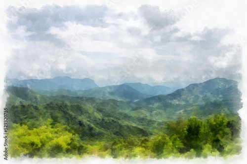 Mountain forest landscape and camping watercolor style illustration impressionist painting.