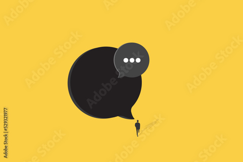 Business man walking with Blank bubble talk or comment. Concept of career, promotion, communication, news, infographic. Copy space for ad