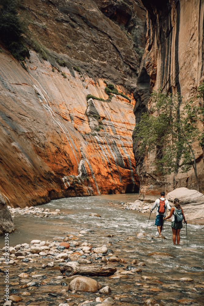 People in The narrows trail in Zion National Park People in The narrows trail in Zion National Park