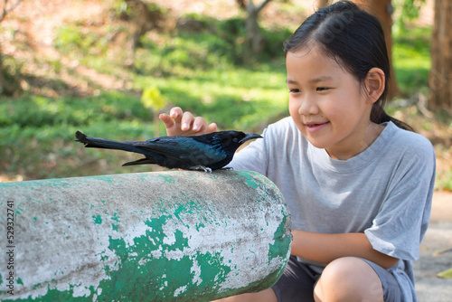 Girl stroking black bird photo