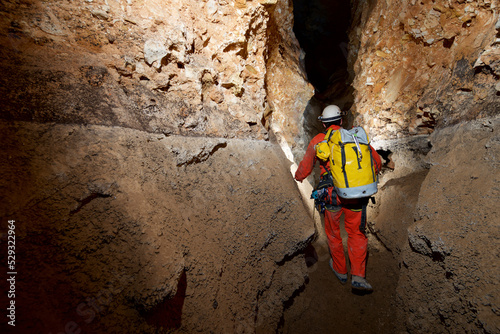 Spelunker in Cija de los Royos Cave,Teruel Province, Aragon, Spain. photo