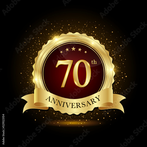 70th golden anniversary logo, with shiny ring and golg ribbon, isolated on black background, vector design