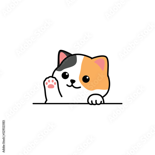 Cute calico cat waving paw cartoon, vector illustration